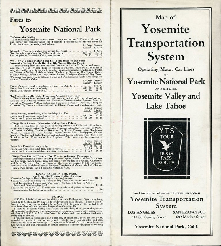 (#166510) Map of Yosemite Transportation System operating motor car lines in Yosemite National Park and between Yosemite Valley and Lake Tahoe. YTS tour Tioga Pass route. For descriptive folders and information address Yosemite Transportation System Los Angeles 511 So. Spring Street San Francisco 689 Market Street Yosemite National Park, Calif [cover title]. YOSEMITE TRANSPORTATION SYSTEM.