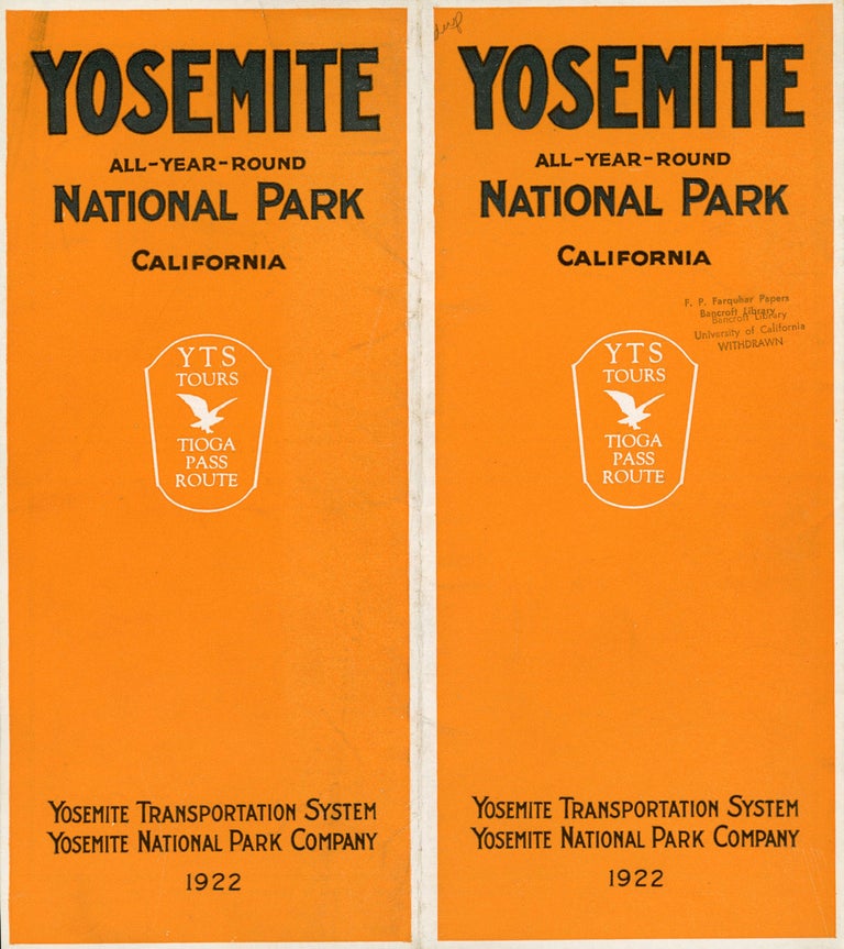 (#166516) Yosemite all-year-round National Park California Y T S tours Tioga Pass route Yosemite Transportation System Yosemite National Park Company 1922 [cover title]. YOSEMITE NATIONAL PARK CO.
