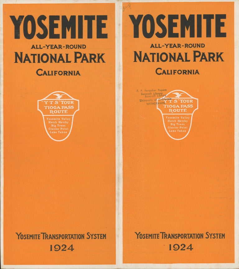 (#166520) Yosemite all-year-round National Park California Y T S tour Tioga Pass route Yosemite Valley Hetch Hetchy Big Trees Glacier Point Lake Tahoe Yosemite Transportation System 1924 [cover title]. YOSEMITE TRANSPORTATION SYSTEM.