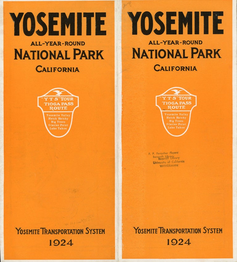 (#166521) Yosemite all-year-round National Park California Y T S tour Tioga Pass route Yosemite Valley Hetch Hetchy Big Trees Glacier Point Lake Tahoe Yosemite Transportation System 1924 [cover title]. Sierra Nevada, Yosemite.