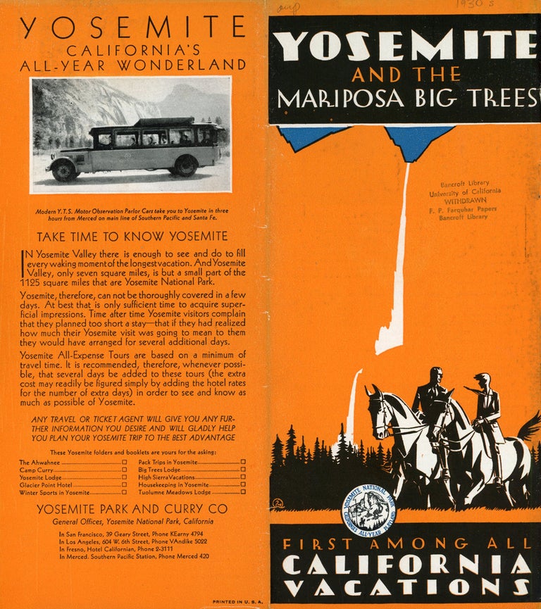 (#166538) Yosemite and the Mariposa Big Trees[.] First among all California vacations [cover title]. YOSEMITE PARK AND CURRY COMPANY.