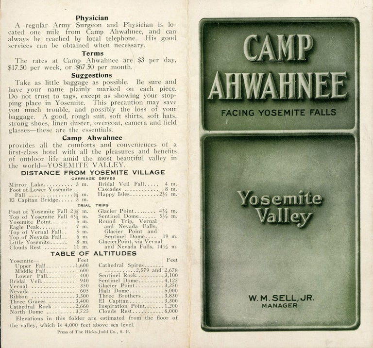 (#166543) Camp Ahwahnee facing Yosemite Falls Yosemite Valley[.] W. M. Sell, Jr. Manager [cover title]. CAMP AHWAHNEE.