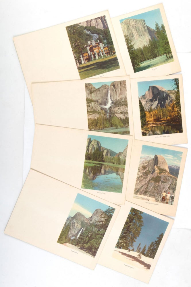 (#166645) [Yosemite] Eight colored views lithographed from photographs of Yosemite Valley used for menus and perhaps note cards [title supplied]. YOSEMITE PARK AND CURRY COMPANY.