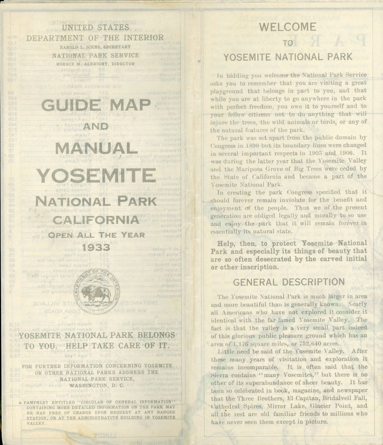 (#166715) Motorists guide map and manual Yosemite National Park California open all year 1933 ... [cover title]. UNITED STATES. DEPARTMENT OF THE INTERIOR. NATIONAL PARK SERVICE.