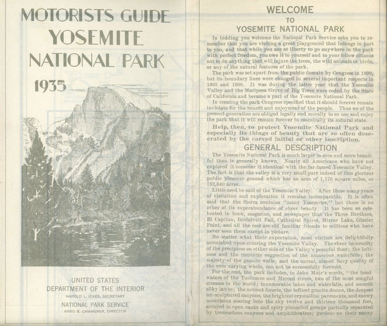 (#166716) Motorists guide Yosemite National Park 1935[.] United States Department of the Interior Harold L. Ickes, Secretary National Park Service Arno B. Cammerer, Director. [cover title]. UNITED STATES. DEPARTMENT OF THE INTERIOR. NATIONAL PARK SERVICE.