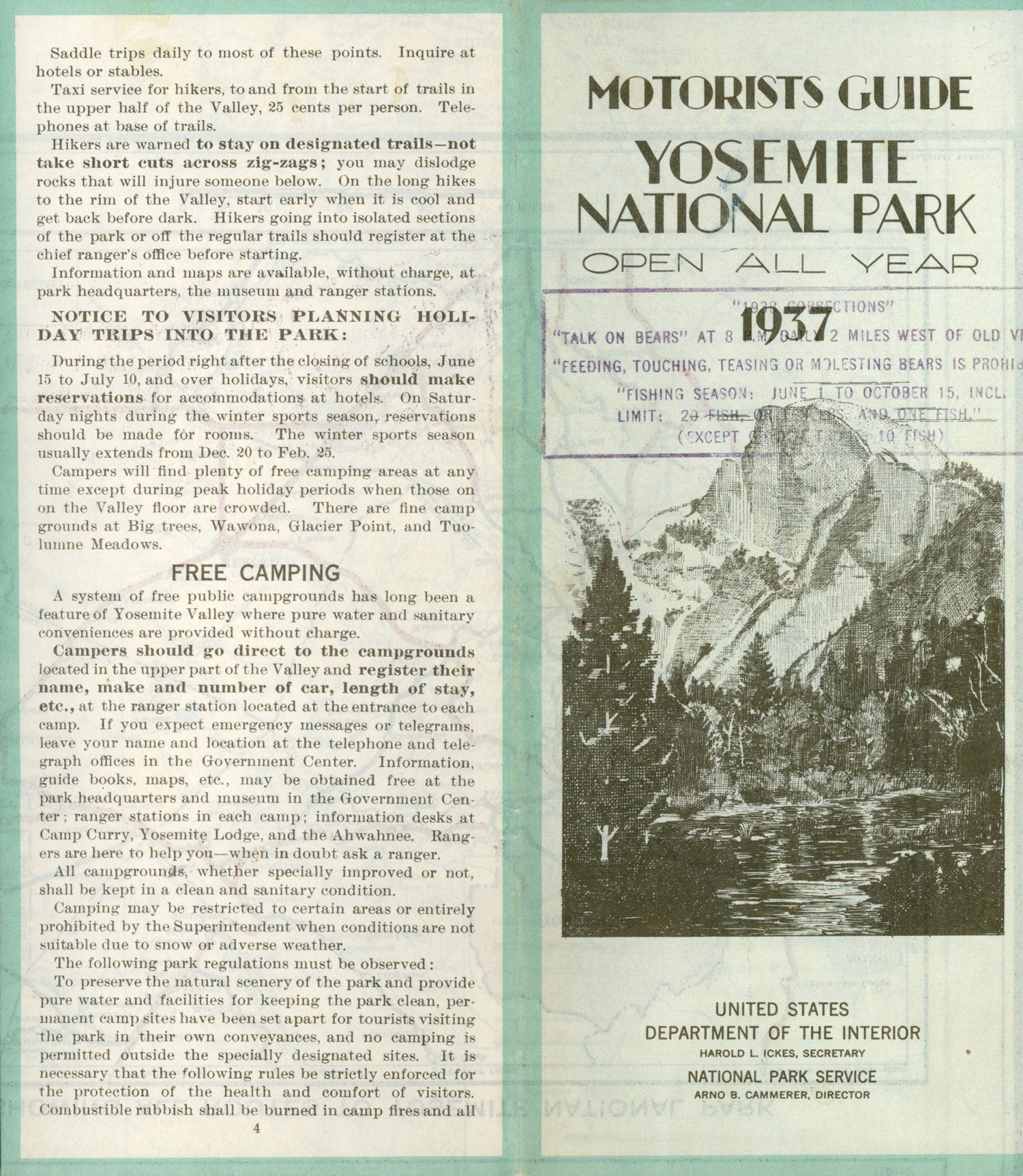 Motorists guide Yosemite National Park open all year 1937 . United ...