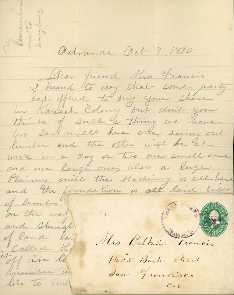 (#166774) Autograph Letter, Signed (ALS). 2 pages, dated 7 October 1890, to Mrs. Captain Francis, written in pencil on both sides of a sheet of blue lined paper. Kaweah Colony, J. M. Pierce.