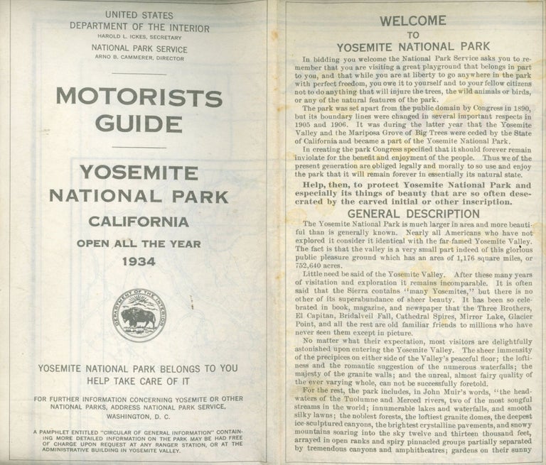 (#166811) Motorists guide Yosemite National Park California open all year 1934 ... [cover title]. UNITED STATES. DEPARTMENT OF THE INTERIOR. NATIONAL PARK SERVICE.