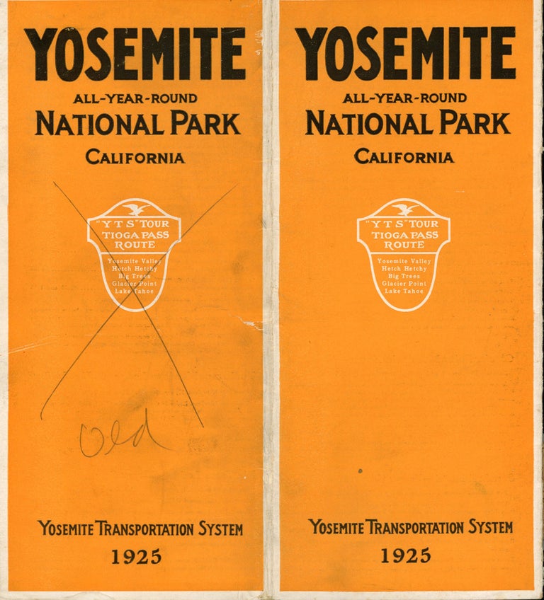 (#166876) Yosemite all-year-round National Park California "Y T S" tour Tioga Pass route Yosemite Valley Hetch Hetchy Big Trees Glacier Point Lake Tahoe Yosemite Transportation System 1925 [cover title]. YOSEMITE TRANSPORTATION SYSTEM.