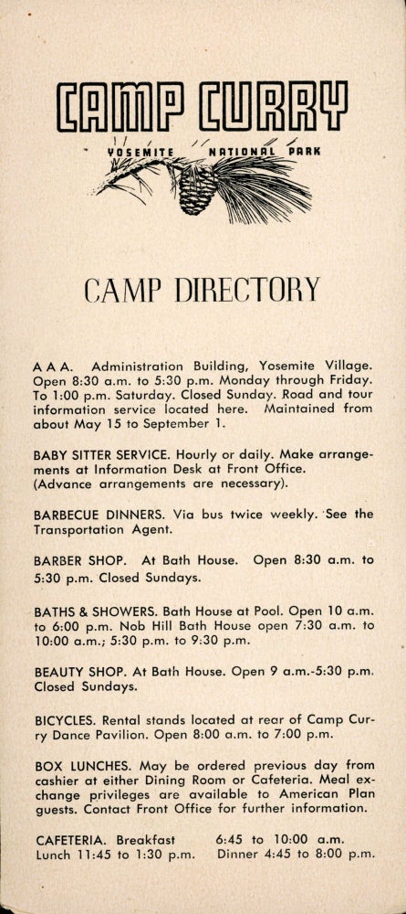 (#166885) Camp Curry Yosemite National Park camp directory [caption title]. YOSEMITE PARK AND CURRY COMPANY.