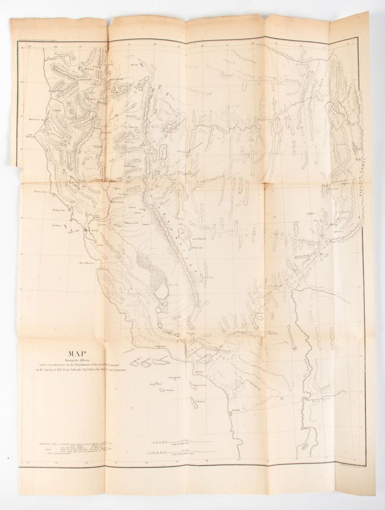 (#166895) MAP SHOWING THE DIFFERENT ROUTES TRAVELLED OVER BY THE DETACHMENTS OF THE OVERLAND COMMAND IN THE SPRING OF 1855 FROM SALT LAKE CITY, UTAH TO THE BAY OF SAN FRANCISCO. E. J. Steptoe, Rufus Ingalls.