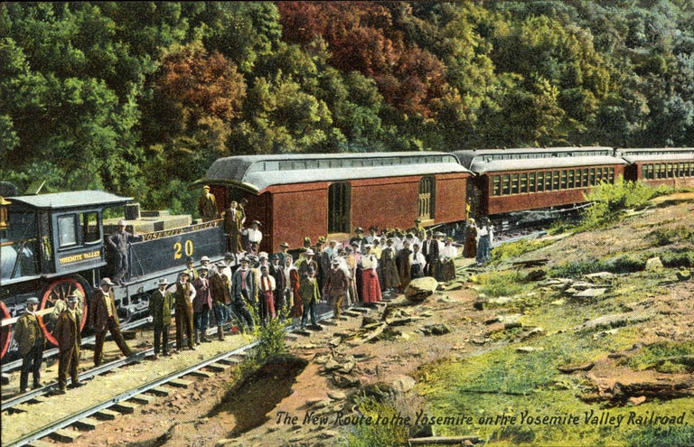 (#166927) THE NEW ROUTE TO THE YOSEMITE ON THE YOSEMITE VALLEY RAILROAD. Color postcard. Charles Weidner.