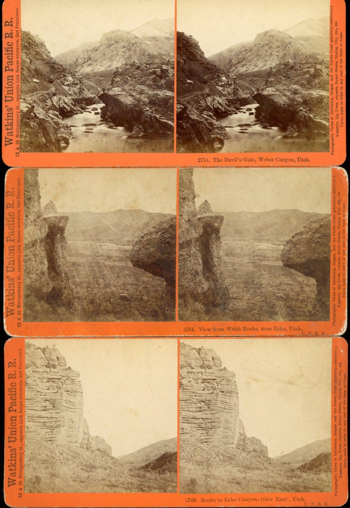 (#166962) THREE STEREOSCOPIC PHOTOGRAPHS OF THE UNION PACIFIC RAILROAD AND ADJACENT AREAS TAKEN BY CARLETON E. WATKINS IN 1873-1874. Railroads, Union Pacific Railroad.