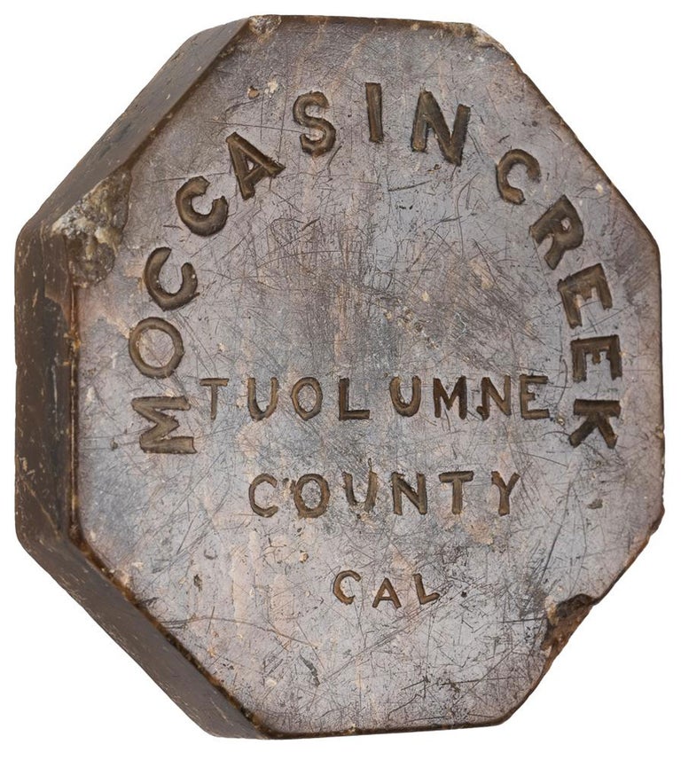 (#166992) CALIFORNIA GOLD RUSH RELIC. OCTAGONAL POLISHED STONE SOUVENIR FROM MOCCASIN CREEK, TUOLUMNE COUNTY, CALIFORNIA, DATED 4 JULY 1859. California, Tuolumne County, Moccasin Creek, Big Oak Flat Road.