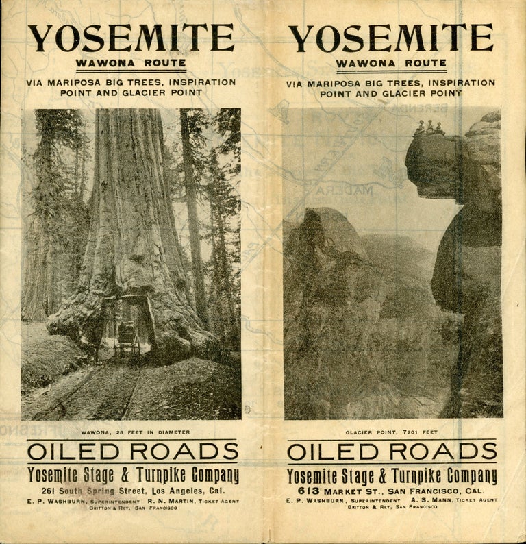 (#167006) Yosemite Wawona route via Mariposa big trees, Inspiration Point and Glacier Point ... Oiled roads[.] Yosemite Stage & Turnpike Company ... [cover title]. YOSEMITE STAGE AND TURNPIKE COMPANY.