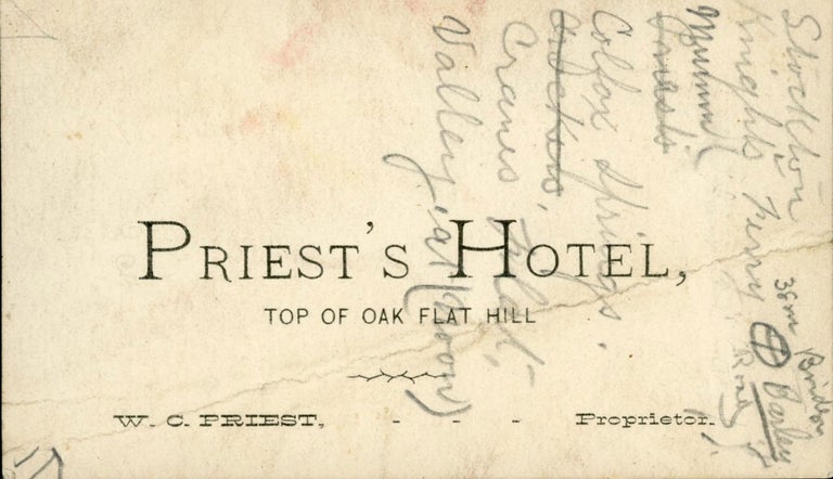 (#167177) Priest's Hotel, top of Oak Flat Hill[.] W. C. Priest, Proprietor. PRIEST'S HOTEL.