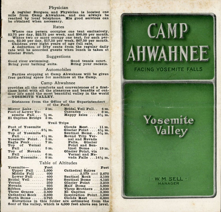 (#167441) Camp Ahwahnee facing Yosemite Falls Yosemite Valley[.] W. M. Sell manager [cover title]. CAMP AHWAHNEE.