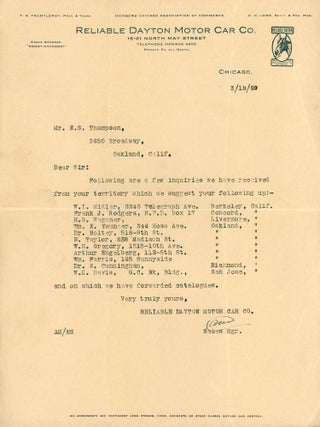 #167658) Three typed letters, signed (TLs) dated 1909, from Reliable Dayton sales managers to E....