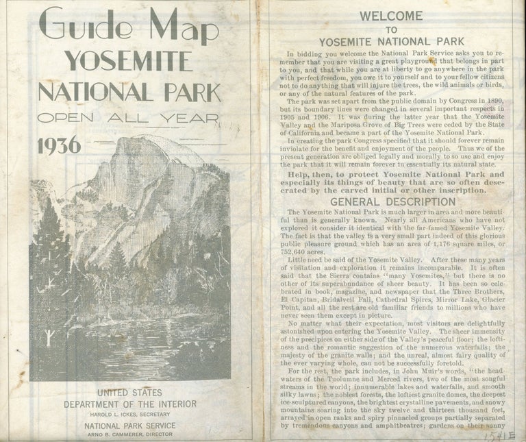 (#167675) Guide map Yosemite National Park open all year 1936[.] United States Department of the Interior Harold L. Ickes, Secretary National Park Service Arno B. Cammerer, Director [cover title]. UNITED STATES. DEPARTMENT OF THE INTERIOR. NATIONAL PARK SERVICE.