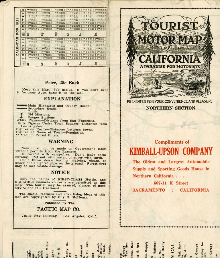 (#167681) Tourist motor map of California a paradise for motorists presented for your convenience and pleasure northern section ... [cover title]. PACIFIC MAP CO.