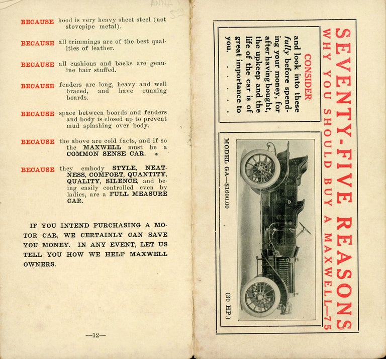 (#167702) SEVENTY-FIVE REASONS WHY YOU SHOULD BUY A MAXWELL ... [cover title]. Motor Vehicles, Automobiles, Trade Catalogues.
