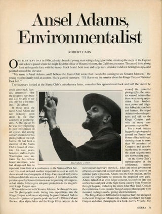 "Ansel Adams, Environmentalist." In: SIERRA: THE SIERRA CLUB BULLETIN, May-June 1979 (volume 64, number 3).