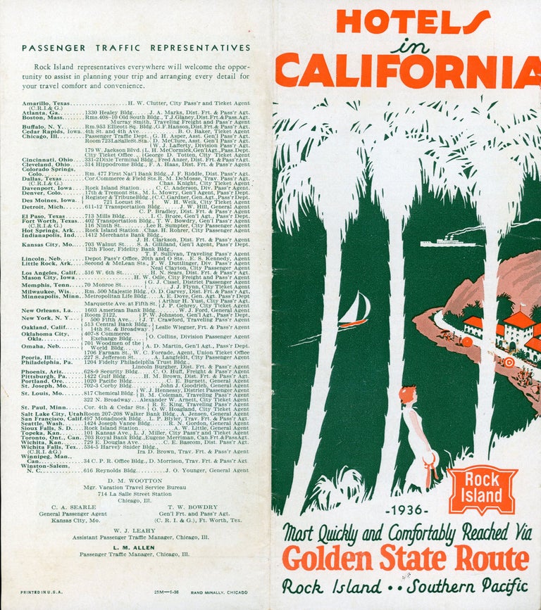 (#168046) HOTELS IN CALIFORNIA 1936 MOST QUICKLY AND COMFORTABLY REACHED VIA GOLDEN STATE ROUTE ROCK ISLAND - - SOUTHERN PACIFIC [cover title]. Rock Island Chicago, Pacific Railroad.