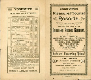 No. 33. June. 1888. California pleasure and tourist resorts adjacent to and upon the lines of the Southern Pacific Company. Mount Shasta, Yosemite Valley, Geysers, Monterey, Santa Cruz, Hotel Del Monte, Big Tree Groves, Mt. Hamilton, Lake Tahoe, etc. etc. Reduced excursion rates! Ticket Offices: 613 Market Street 613 Grand Hotel Block, Baldwin Hotel Rotunda, Oakland Ferry, San Francisco ... [cover title].