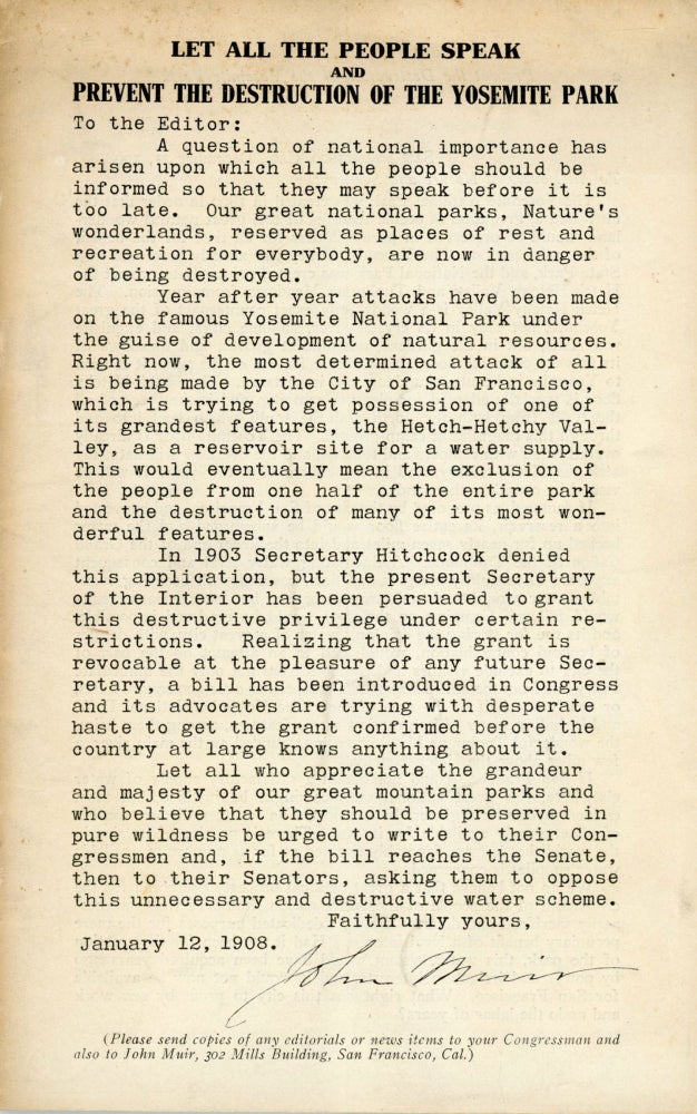 (#168528) Let all the people speak and prevent the destruction of the Yosemite Park[.] To the Editor:. SOCIETY FOR THE PRESERVATION OF NATIONAL PARKS.