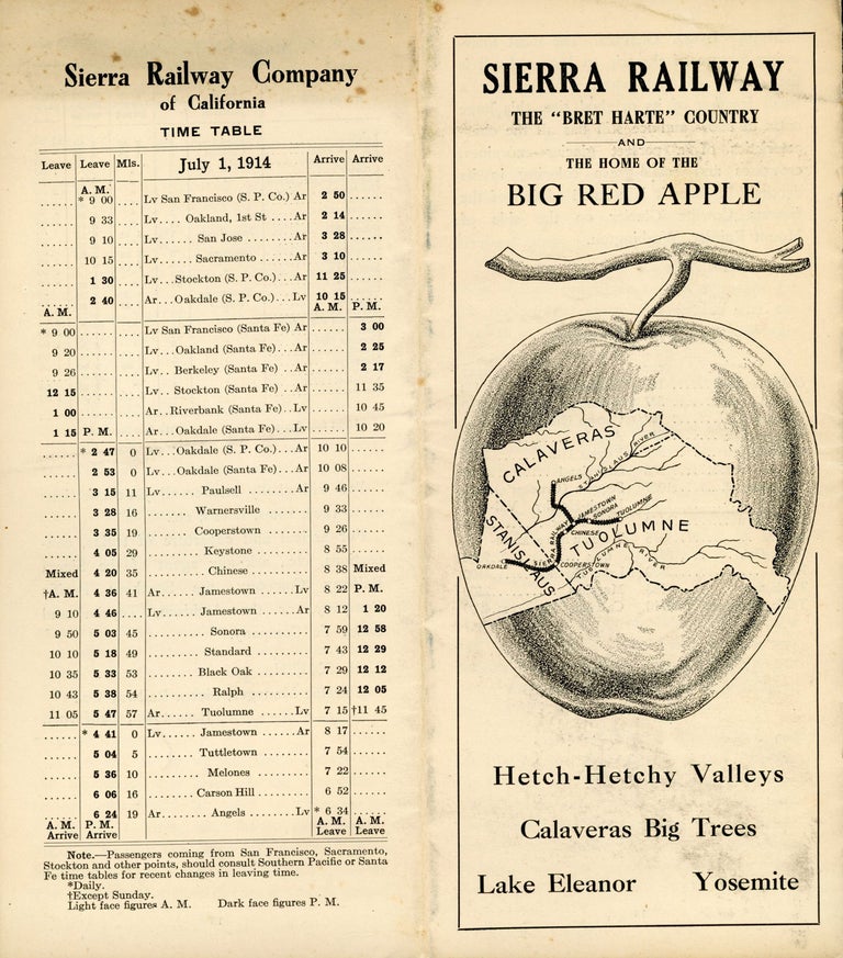 (#168567) Sierra Railway. The "Bret Harte" country and the home of the big red apple. Hetch-Hetchy valleys [sic], Calaveras Big Trees, Lake Eleanor, Yosemite [cover title]. SIERRA RAILWAY COMPANY.