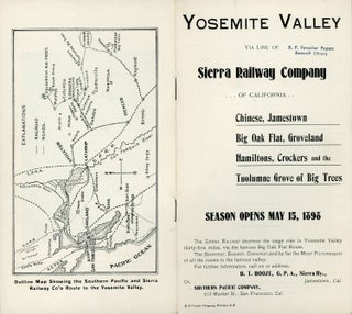 Yosemite Valley via line of Sierra Railway Company of California. Chinese, Jamestown, Big Oak Flat, Groveland, Hamiltons, Crockers, and the Tuolumne Grove of big trees. Season opens May 15, 1898 ... For further information, call on or address, B. T. Booze, G.P.A., Sierra Ry., Jamestown, Cal. or, Southern Pacific Company, 613 Market St., San Francisco, Cal. ... [cover title].