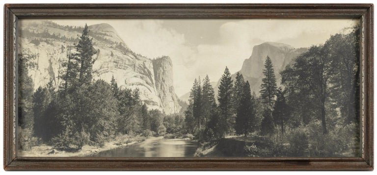 (#168598) [Yosemite Valley] Looking up the Valley, Merced River in center foreground, Washington Column on left, Half Dome on right [title supplied]. Gelatin silver print. UNIDENTIFIED PHOTOGRAPHER.