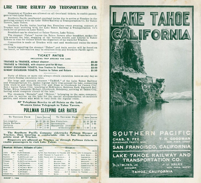 (#168927) LAKE TAHOE CALIFORNIA SOUTHERN PACIFIC ... SAN FRANCISCO, CALIFORNIA ... LAKE TAHOE RAILWAY AND TRANSPORTATION CO. ... TAHOE, CALIFORNIA [cover title]. California, Lake Tahoe, Southern Pacific Company, Lake Tahoe Railway, Transportation Company.