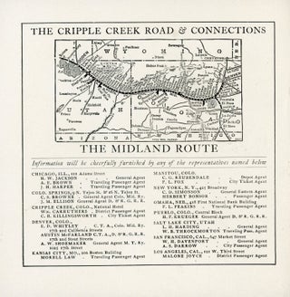 A CHAIN OF GOLD CITIES IN THE CRIPPLE CREEK DISTRICT[:] CRIPPLE CREEK[,] VICTOR[,] ANACONDA[,] ELKTON[,] PORTLAND[,] INDEPENDENCE[,] GOLDFIELD[,] BULL HILL[,] ECLIPSE[,] CAMERON[,] GILLETT[,] REACHED BY THE MIDLAND ROUTE ...
