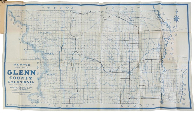 (#169107) Denny's pocket map of Glenn County California showing wagon roads, railroads, trails, etc. compiled from latest official and private data. Published and for sale by Edward Denny & Co., Map Publishers[,] 1132 Shotwell St., San Francisco, Cal. [cover title]. California, Glenn County, DENNY, . MAP PUBLISHERS CO, EDWARD.