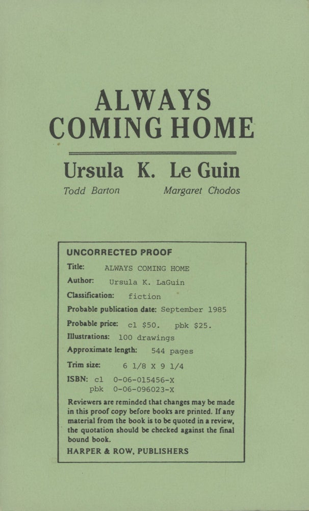 (#169766) ALWAYS COMING HOME. Ursula K. Le Guin.