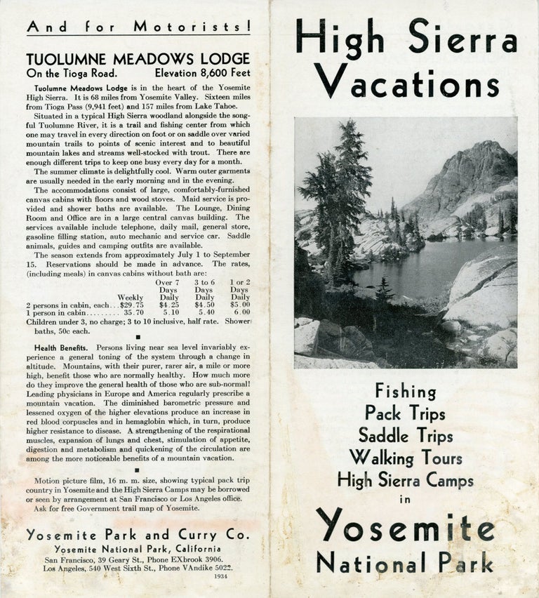 (#170447) High Sierra vacations fishing pack trips saddle trips walking tours High Sierra camps in Yosemite Nation Park [cover title]. YOSEMITE PARK AND CURRY COMPANY.