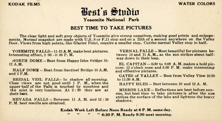 (#172678) Kodak films[.] Water colors[.] Best's Studio[,] Yosemite National Park[.] Best time to take pictures ... [caption title]. BEST'S STUDIO.