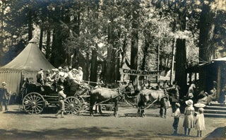 #172879) [Yosemite Valley; Camp Curry] Horse-drawn stage arriving at Camp Curry. Real Photo Post...