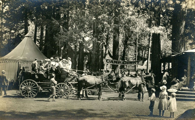 (#172879) [Yosemite Valley; Camp Curry] Horse-drawn stage arriving at Camp Curry. Real Photo Post Card (RPPC). BOYSEN STUDIO?