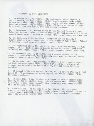 LETTERS FROM H. P. LOVECRAFT TO J. VERNON SHEA, JR. Nine handwritten letters, totaling 84 pages, written between 1931 and 1937, all of which are largely unpublished.