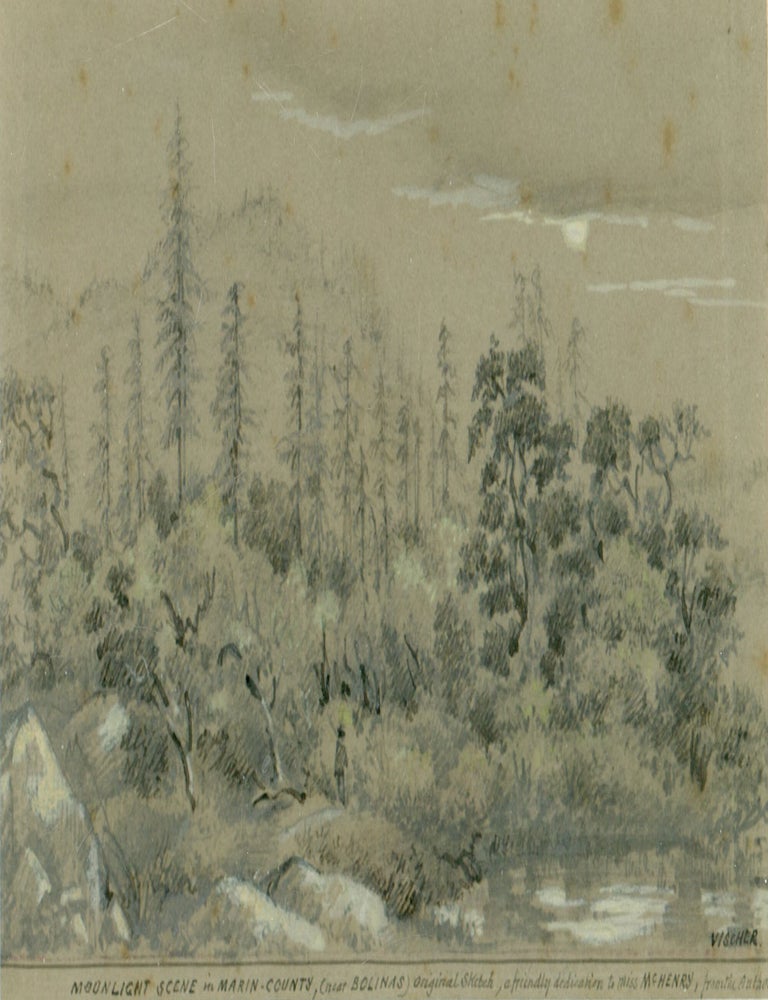 (#179182) MOONLIGHT SCENE IN MARIN COUNTY, (NEAR BOLINAS) ORIGINAL SKETCH, A FRIENDLY DEDICATION TO MISS McHENRY, FROM THE AUTHOR. Original drawing, circa 1860s-1870s. Edward Vischer.
