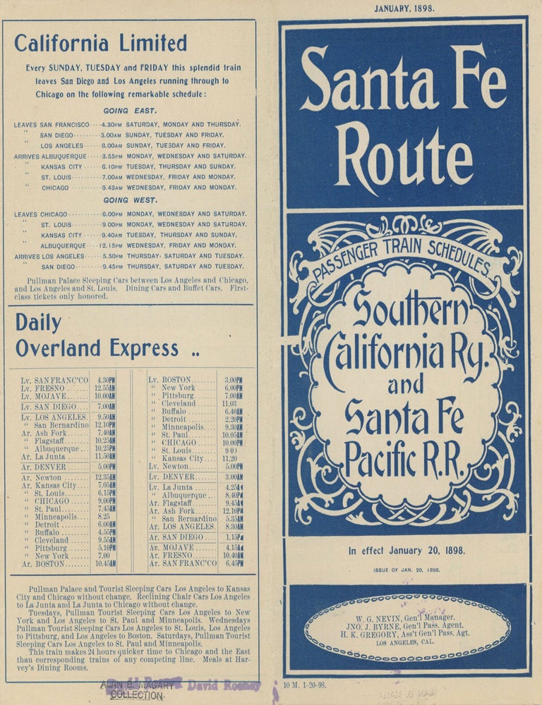 (#179205) JANUARY, 1898. SANTA FE ROUTE PASSENGER TRAIN SCHEDULES SOUTHERN CALIFORNIA RY. AND SANTA FE PACIFIC R. R. IN EFFECT JANUARY 20, 1898 ... [panel title]. Railroads, Topeka Atchison, Santa Fe Railroad.