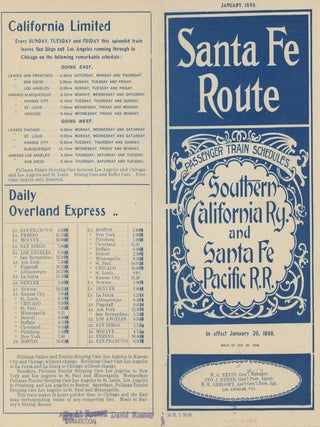 #179205) JANUARY, 1898. SANTA FE ROUTE PASSENGER TRAIN SCHEDULES SOUTHERN CALIFORNIA RY. AND...