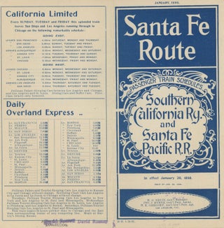 #179205) JANUARY, 1898. SANTA FE ROUTE PASSENGER TRAIN SCHEDULES SOUTHERN CALIFORNIA RY. AND...