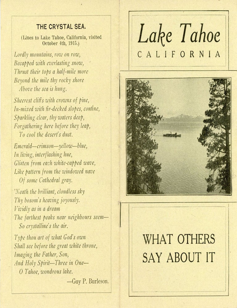 (#179222) LAKE TAHOE CALIFORNIA WHAT OTHERS SAY ABOUT IT [cover title]. California, Lake Tahoe, Lake Tahoe Railway, Transportation Company, Tahoe Tavern.