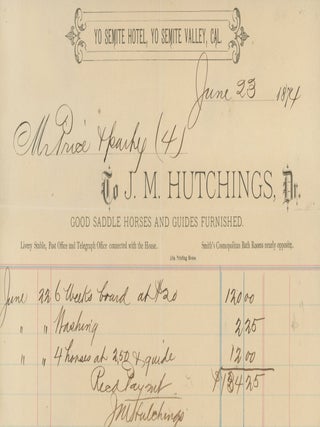 #179228) [BILLHEAD RECEIPT] YO SEMITE HOTEL, YO SEMITE VALLEY, CAL. TO J. M. HUTCHINGS, DR. GOOD...