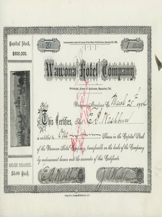 #179483) Stock certificate. WAWONA HOTEL COMPANY