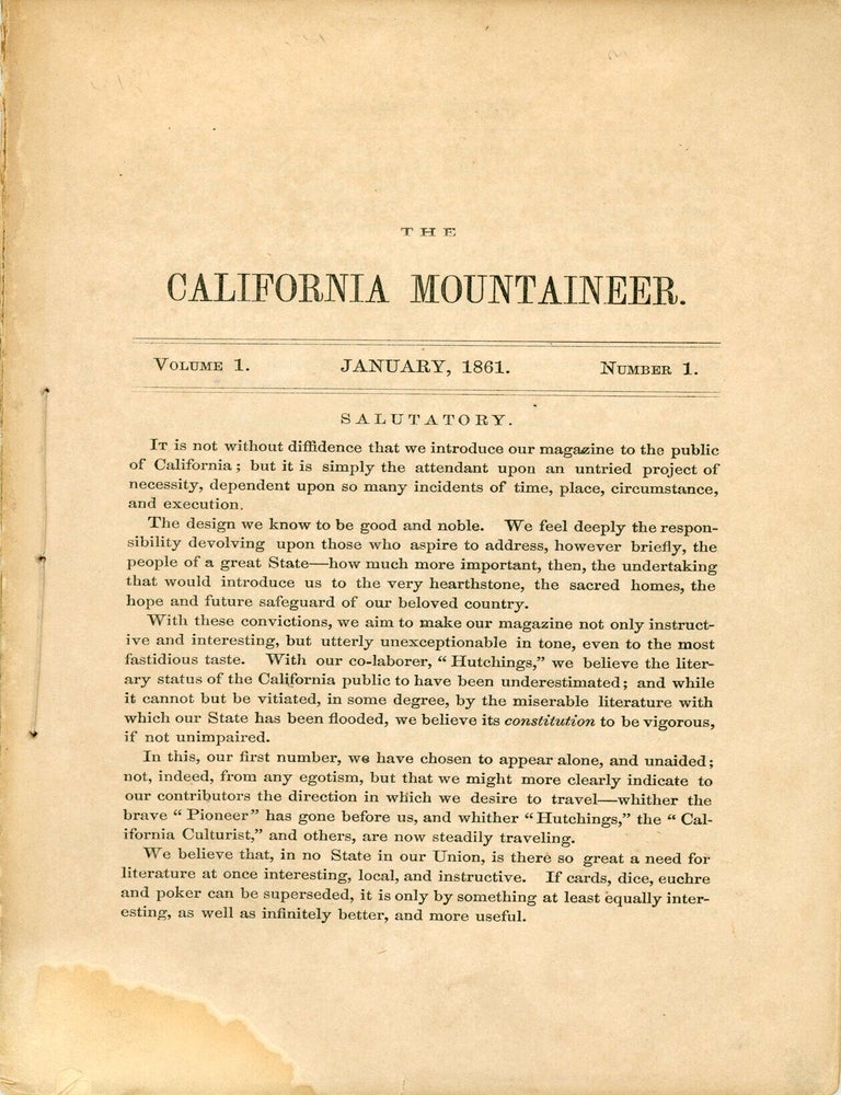 (#179488) THE. January 1861 . CALIFORNIA MOUNTAINEER, Henry S. Brooks, number 1 volume 1.