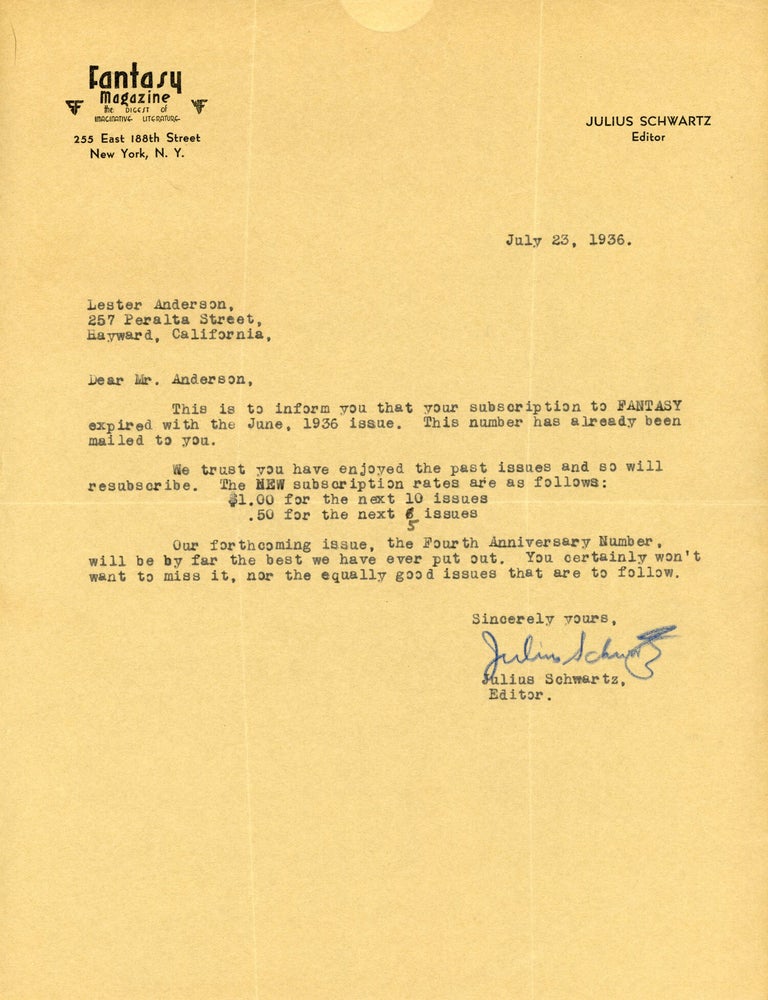 (#179509) Typewritten letter, signed (TLs) dated 23 July 1936 on Fantasy Magazine letterhead from editor Julius Schwartz to Lester Anderson. Fan History, Julius Schwartz.